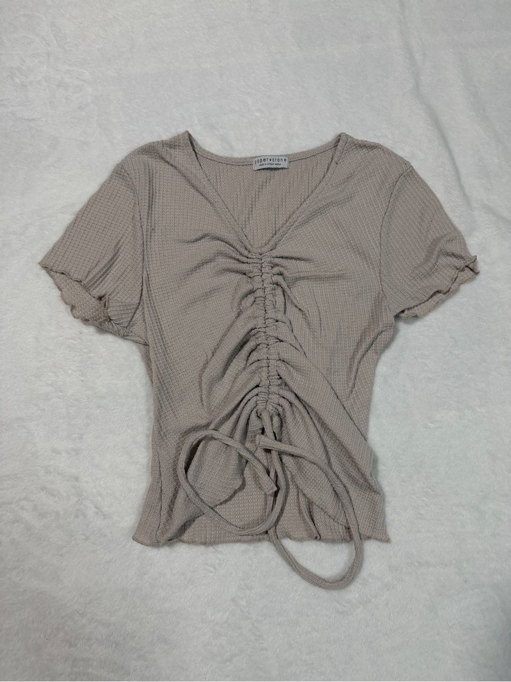 Paper Crane Taupe Ruched Drawstring V-Neck Crop Top
